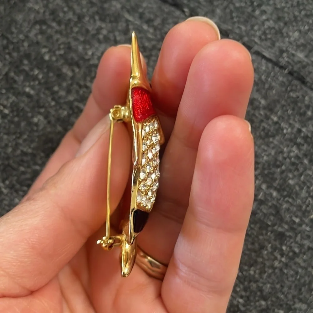 Vintage Enamel and Rhinestone Fish Brooch with Gold Accents